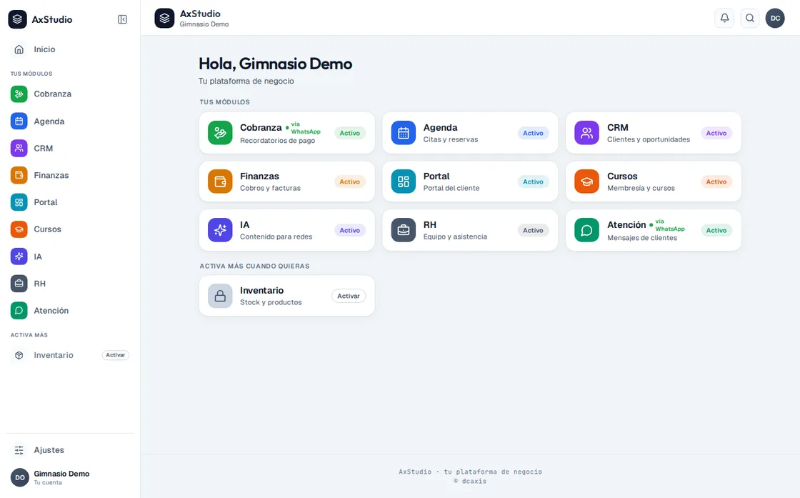 Vista de demostración de AxStudio en escritorio, con los módulos del negocio