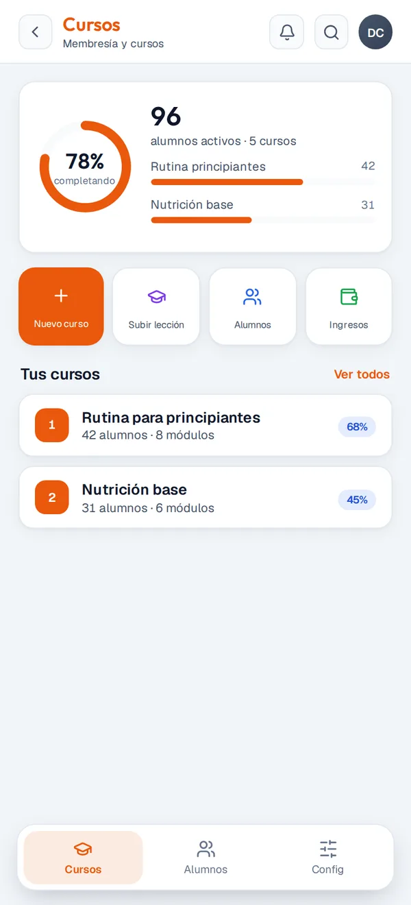 Módulo Cursos con alumnos y progreso