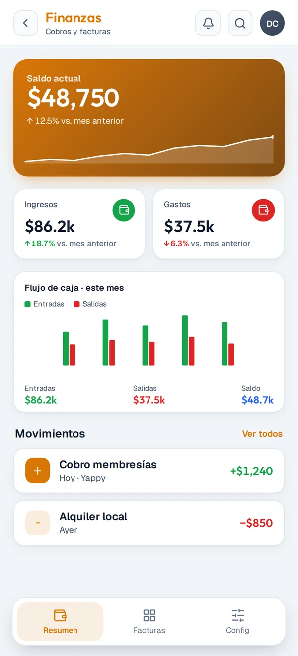 Módulo Finanzas con flujo de caja del mes
