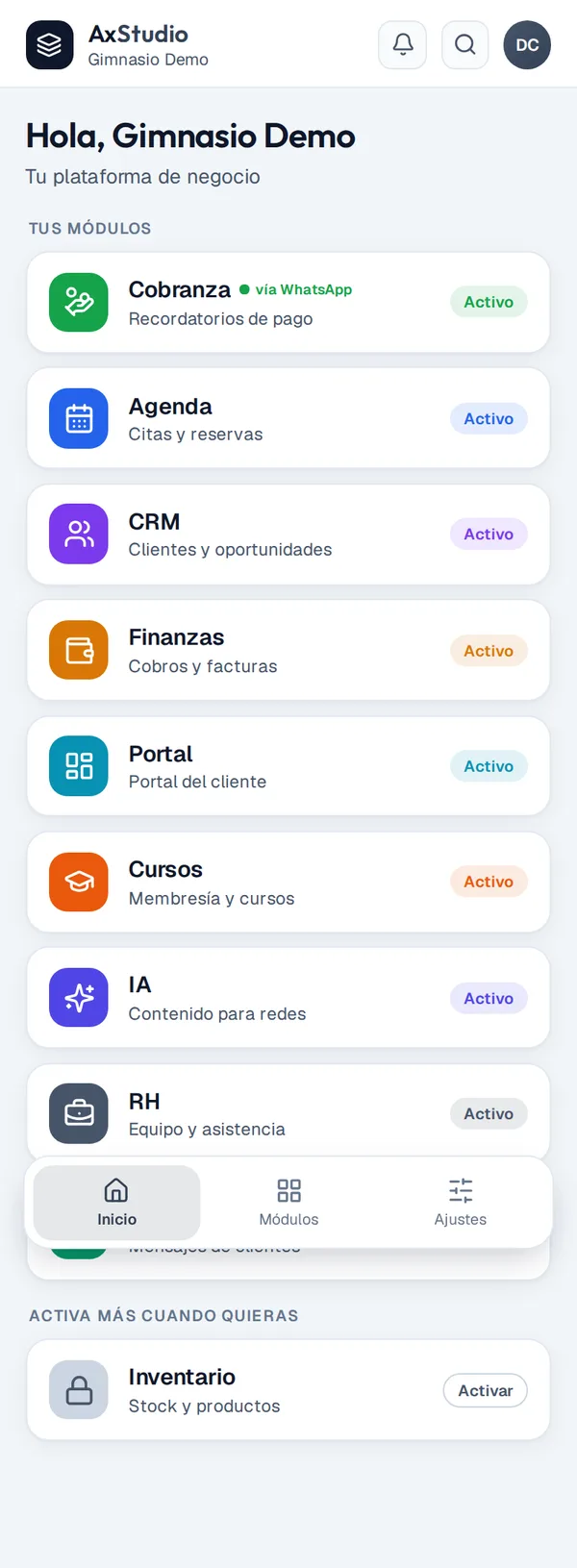 Inicio de AxStudio personalizado para un gimnasio